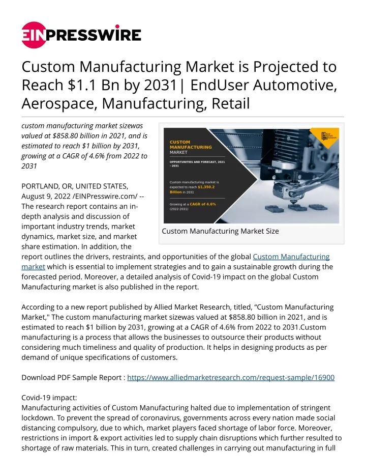 custom manufacturing market is projected to reach