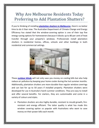 Why Are Melbourne Residents Today Preferring to Add Plantation Shutters