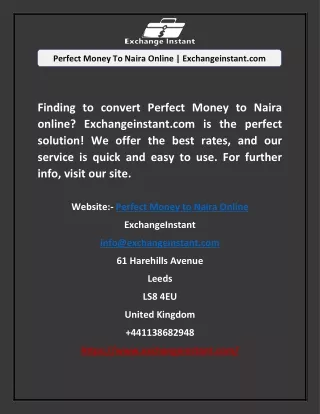 Perfect Money To Naira Online | Exchangeinstant.com