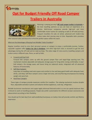 Opt for Budget Friendly Off Road Camper Trailers in Australia