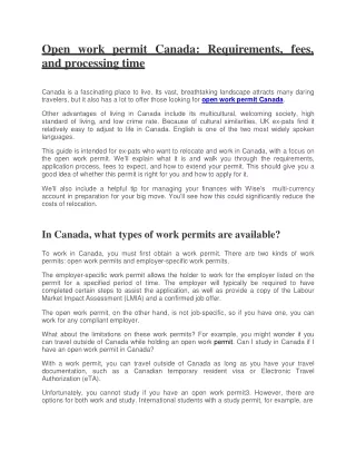 Open work permit Canada Requirements, fees, and processing time