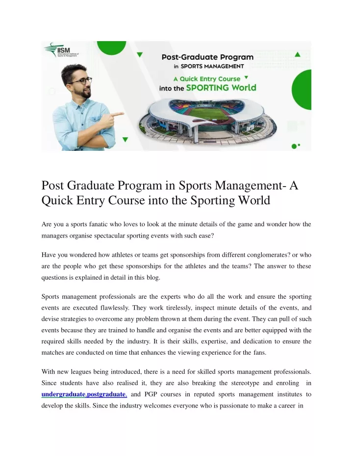 post graduate program in sports management a quick entry course into the sporting world