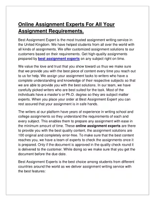 Online Assignment Experts For All Your Assignment Requirements.