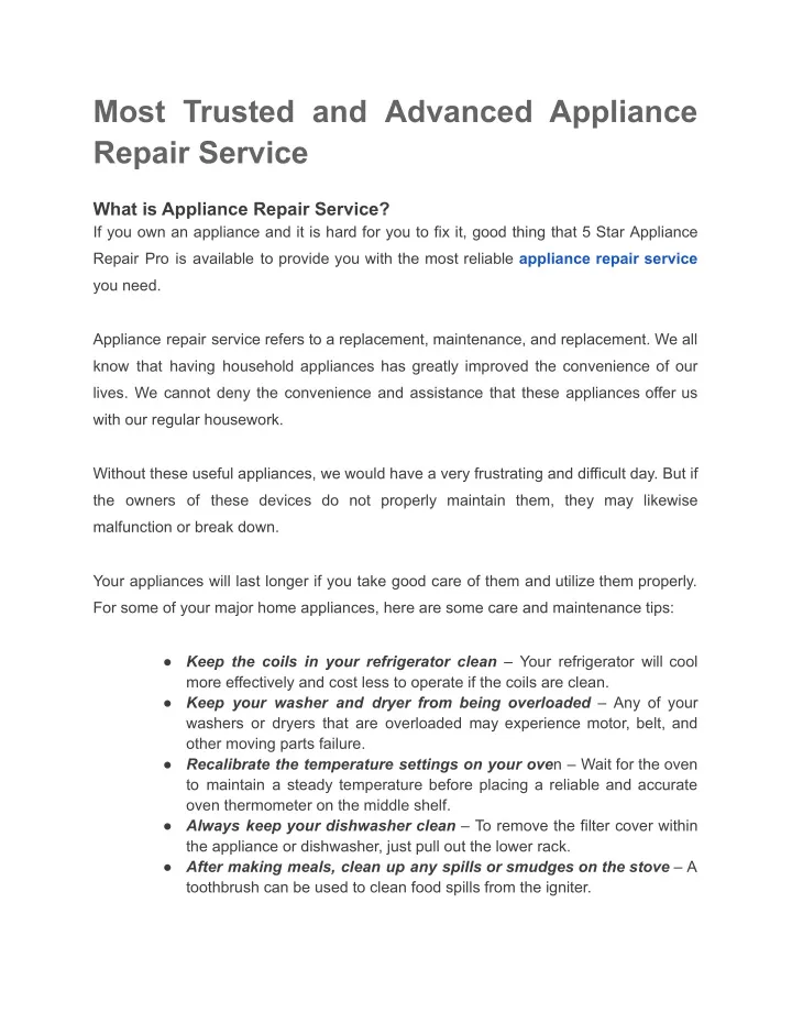 most trusted and advanced appliance repair service