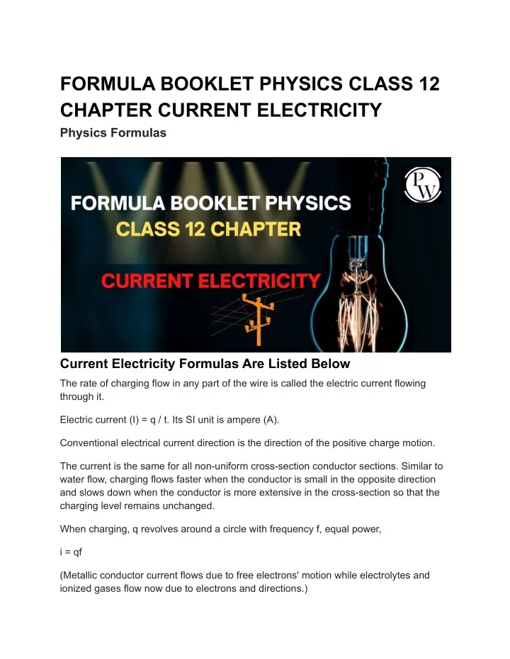 formula booklet physics class 12 chapter current