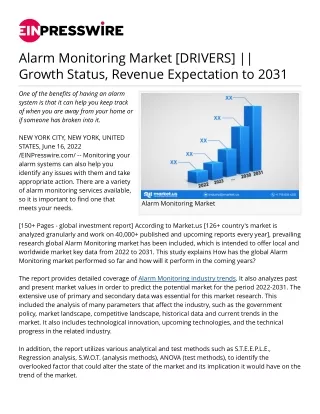 Alarm Monitoring Market [DRIVERS] ||Growth Status, Revenue Expectation to 2031