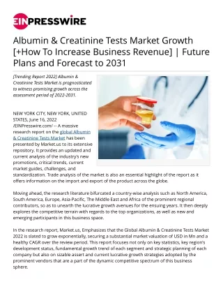 Albumin & Creatinine Tests Market Growth [ How To Increase Business Revenue] |