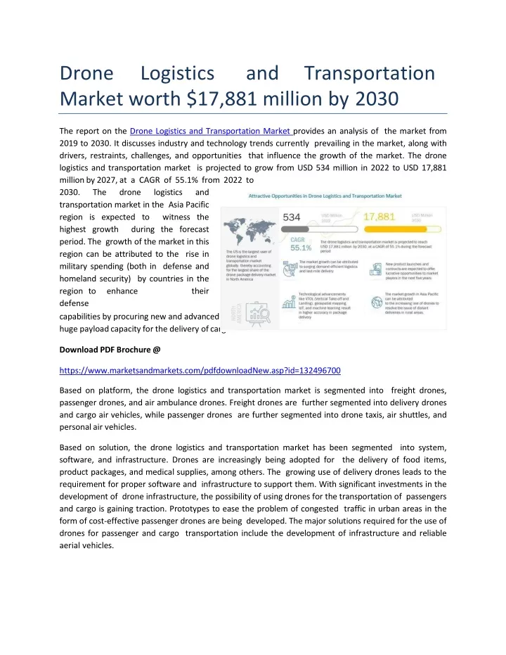 d r o n e l o g i s t i c s a n d t r a n s p o r t a t i o n market worth 17 881 million by 2030