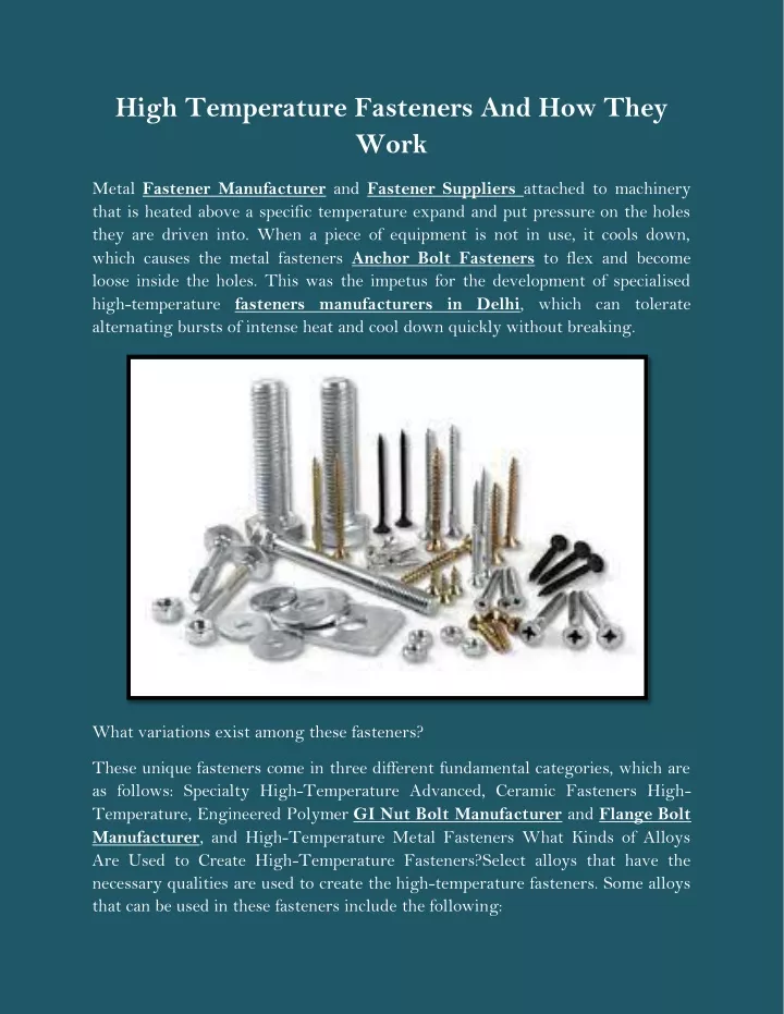 high temperature fasteners and how they work