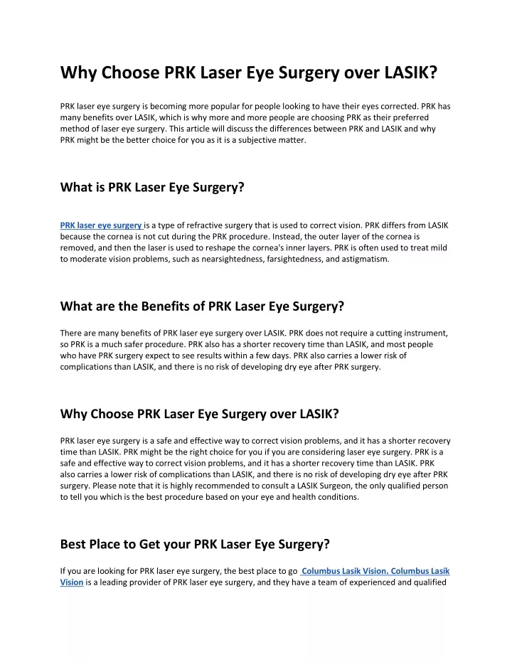 why choose prk laser eye surgery over lasik