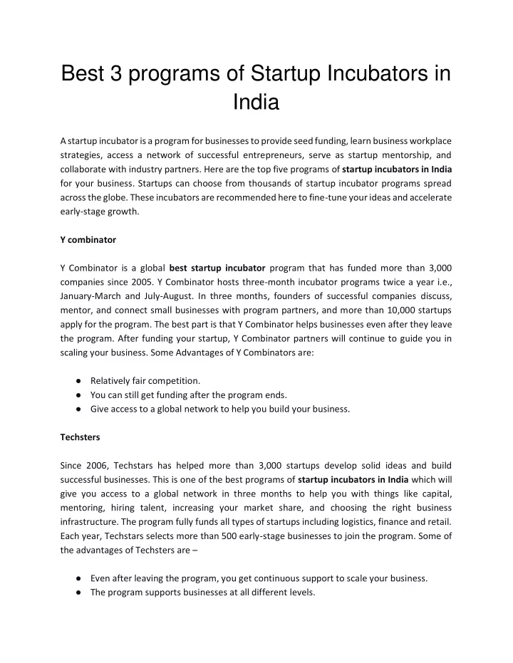 best 3 programs of startup incubators in india