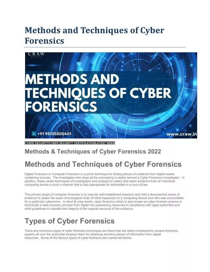 methods and techniques of cyber forensics
