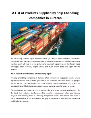 A List of Products Supplied by Ship Chandling companies in Curacao