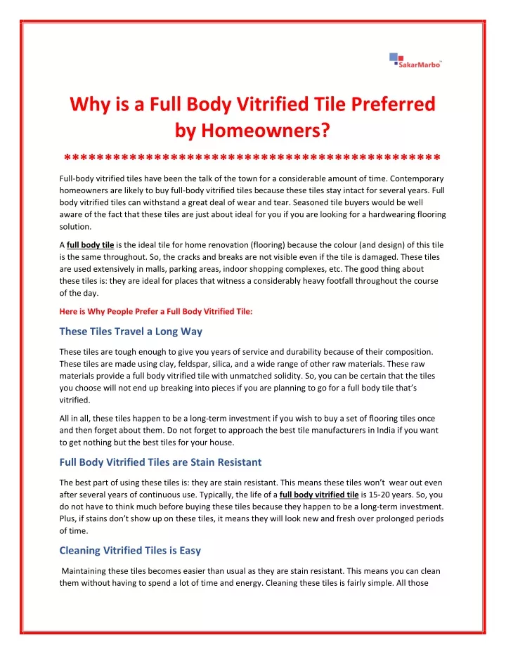 why is a full body vitrified tile preferred