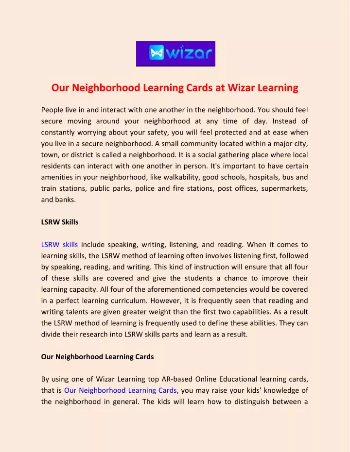 our neighborhood learning cards at wizar learning
