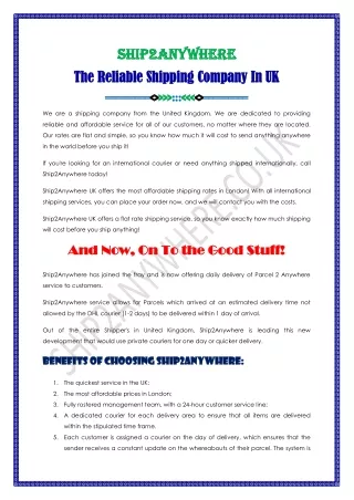 The Reliable Shipping Company In UK