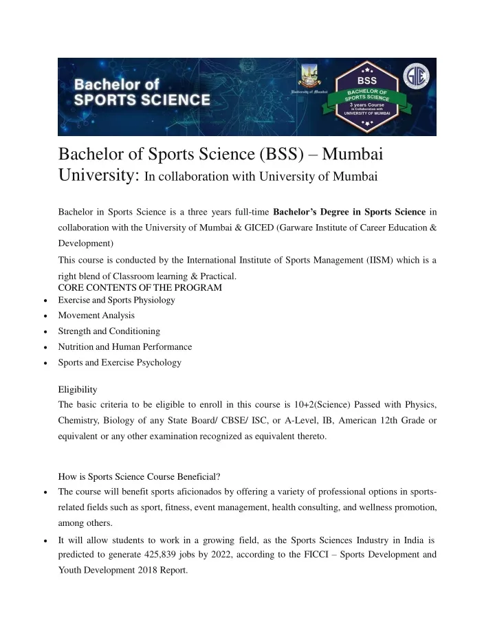 bachelor of sports science bss mumbai university in collaboration with university of mumbai
