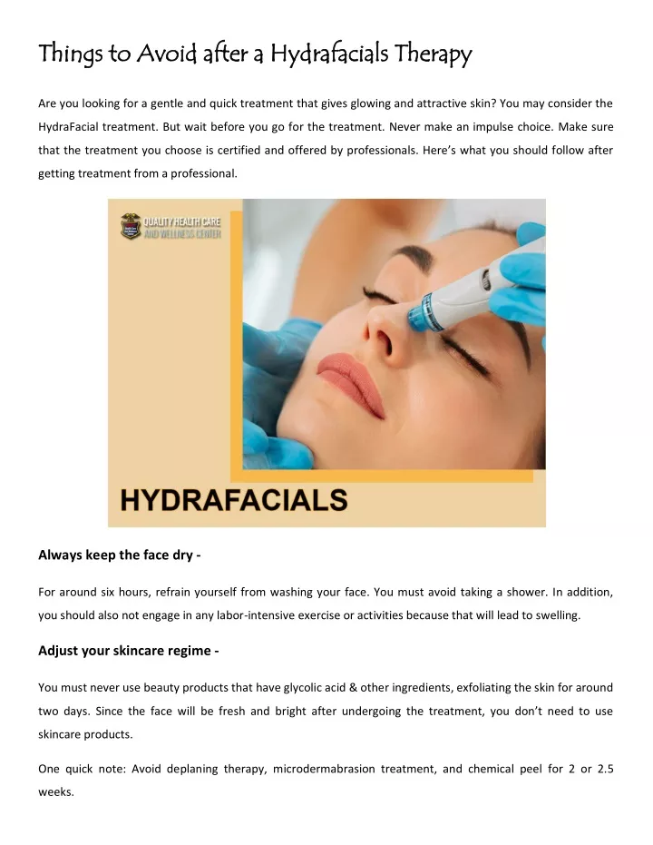 things to avoid after a hydrafacials therapy