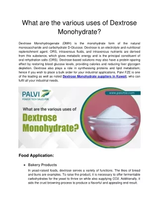 what are the various uses of dextrose monohydrate
