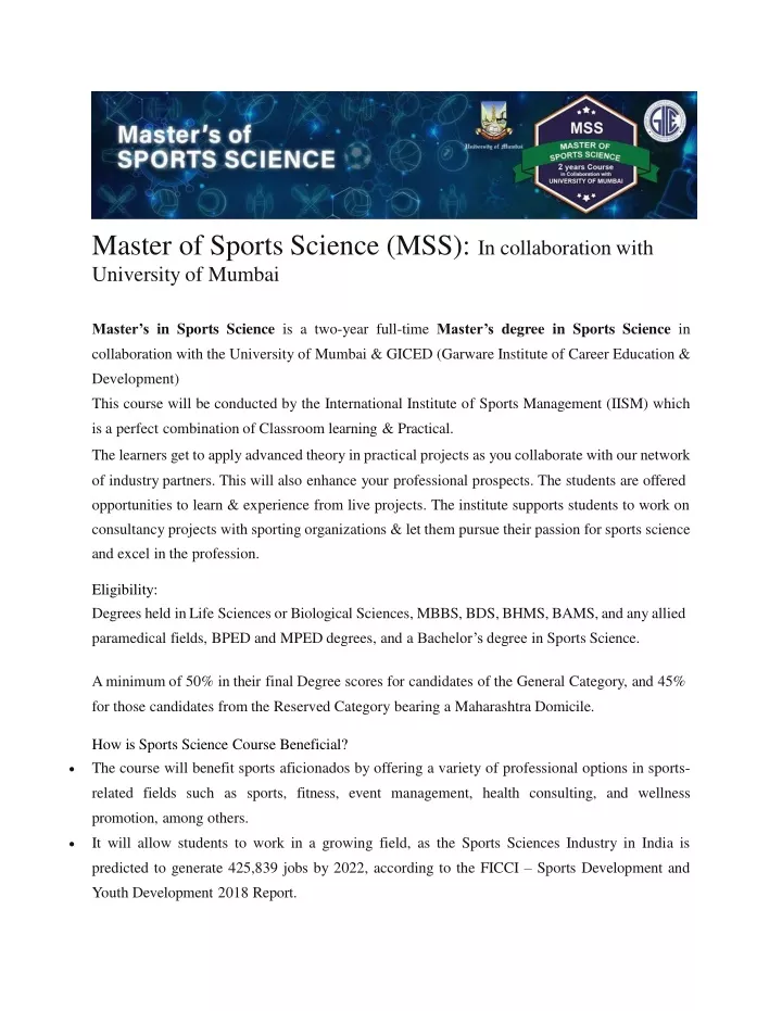 master of sports science mss in collaboration with university of mumbai