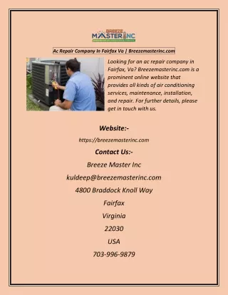 Ac Repair Company In Fairfax Va  Breezemasterinc