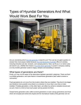 Types of Hyundai Generators And What Would Work Best For You