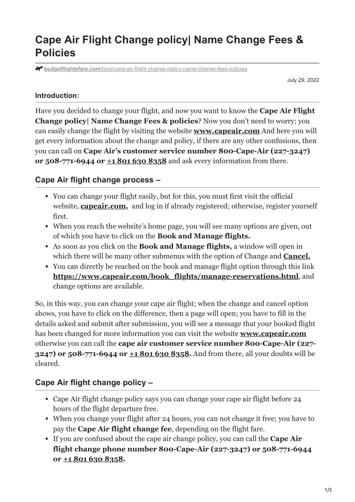 cape air flight change policy name change fees