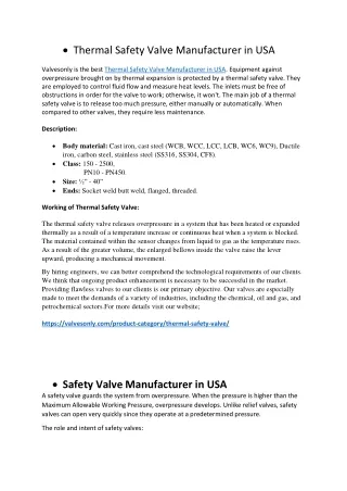 Thermal Safety Valve Manufacturer in USA