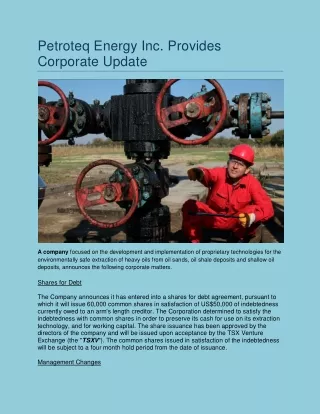 Petroteq Energy Inc Provides Corporate Update