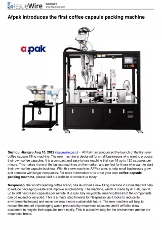 Afpak introduces the first coffee capsule packing machine