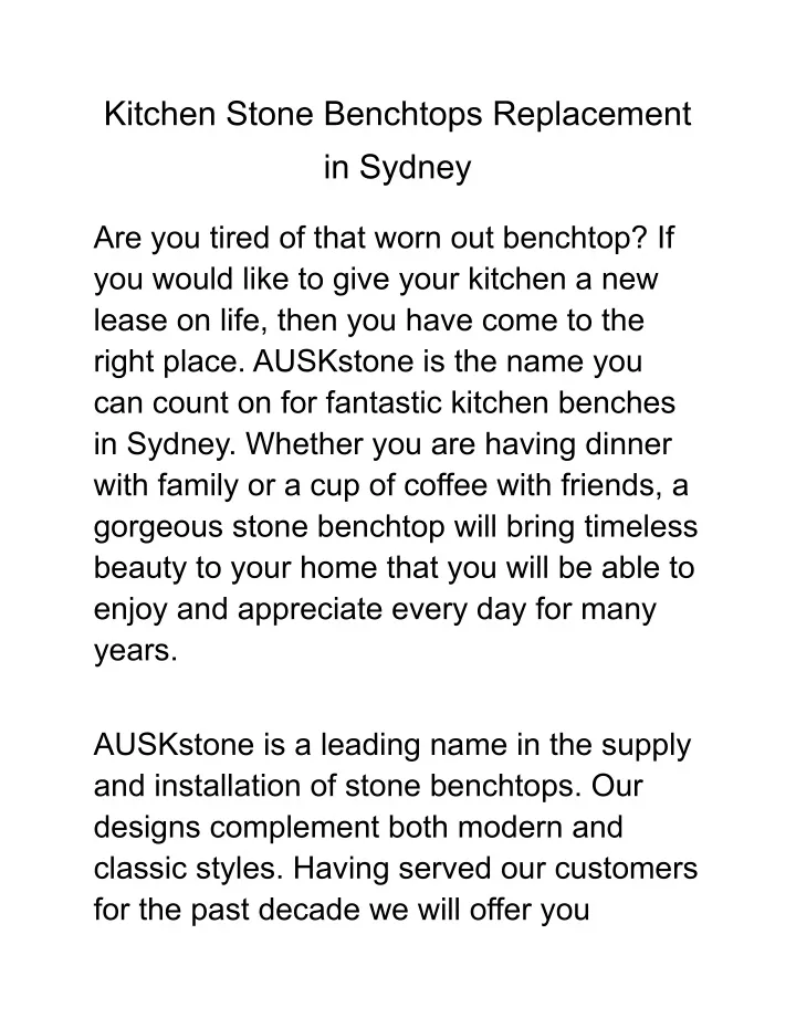 kitchen stone benchtops replacement in sydney