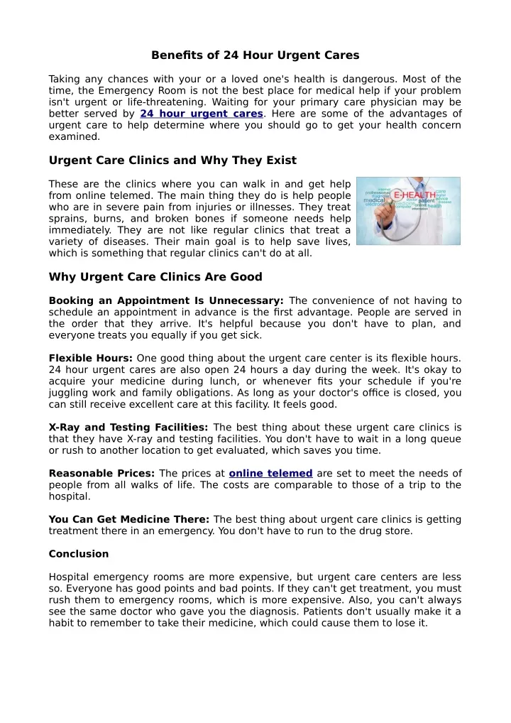 benefits of 24 hour urgent cares