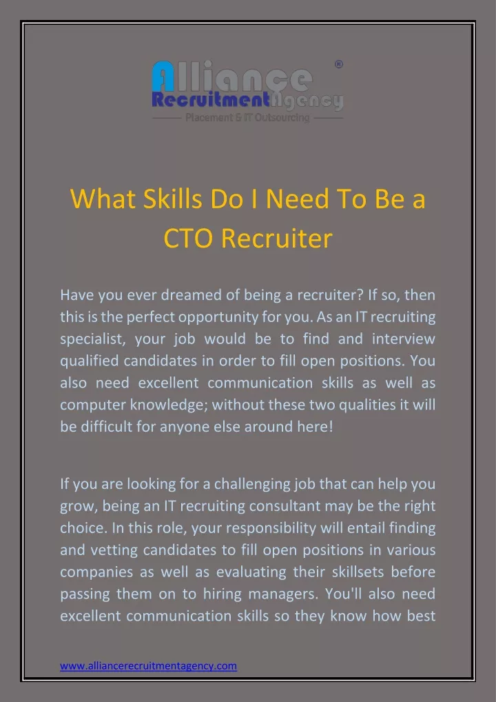 what skills do i need to be a cto recruiter