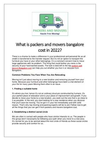 What is packers and movers bangalore cost in 2022