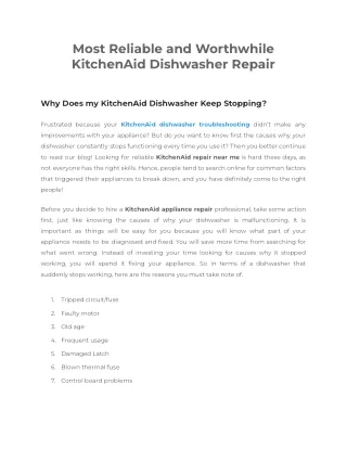Most Reliable and Worthwhile KitchenAid Dishwasher Repair
