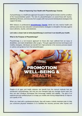 Ways of Improving Your Health with Physiotherapy Toronto