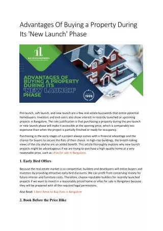 Advantages Of Buying a Property During Its Launch Phase