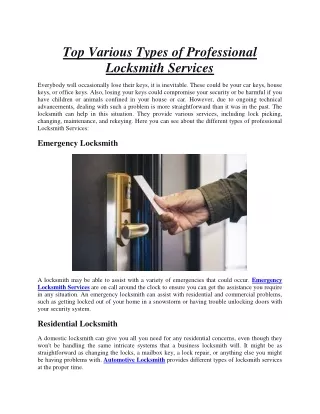 Top Various Types of Professional Locksmith Services