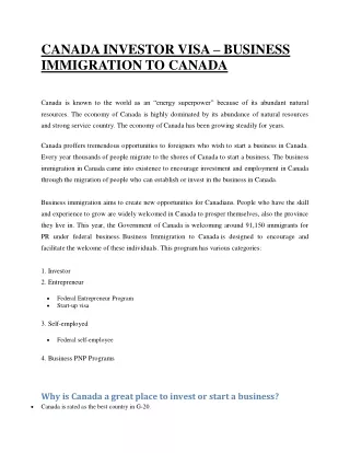CANADA INVESTOR VISA – BUSINESS IMMIGRATION TO CANADA