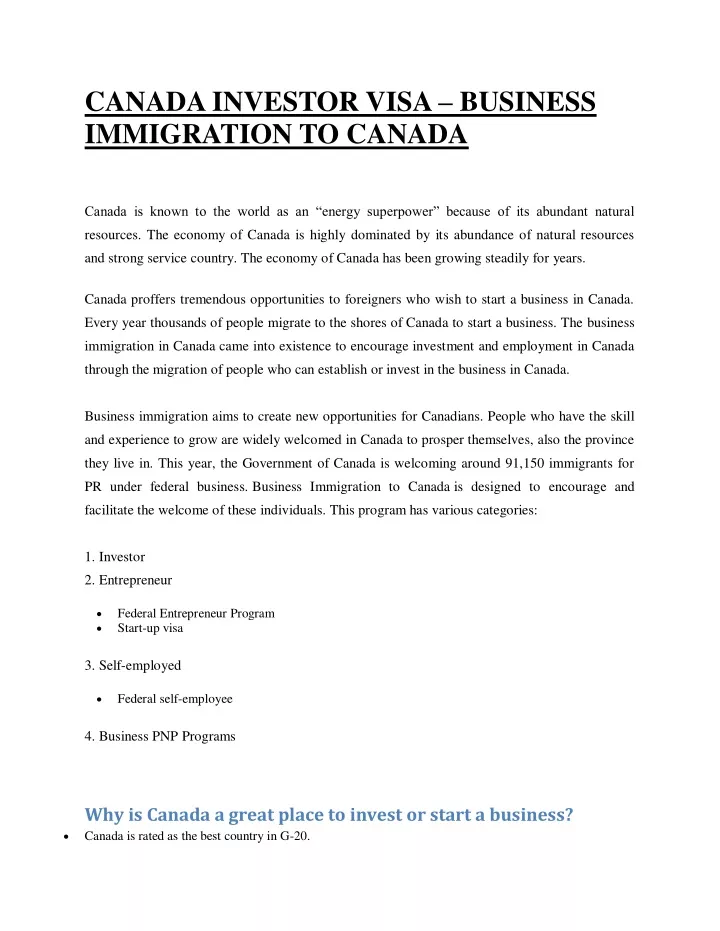 canada investor visa business immigration