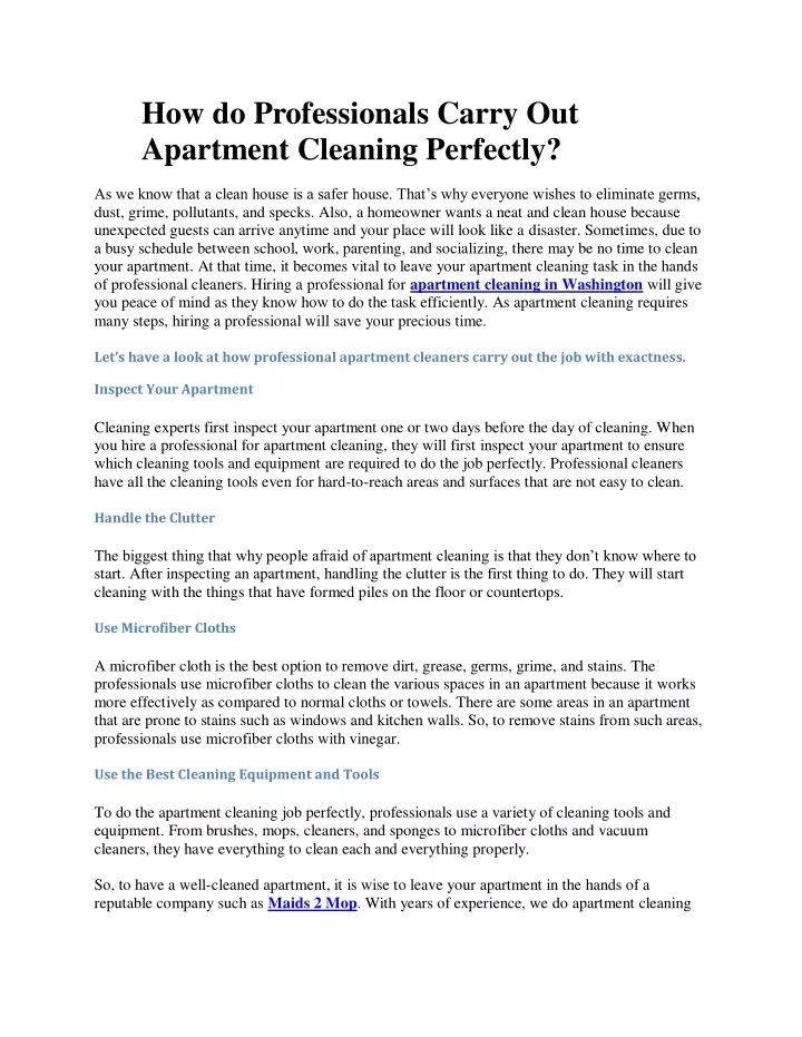 how do professionals carry out apartment cleaning