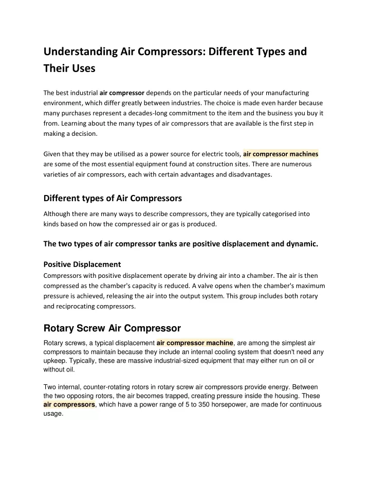 understanding air compressors different types