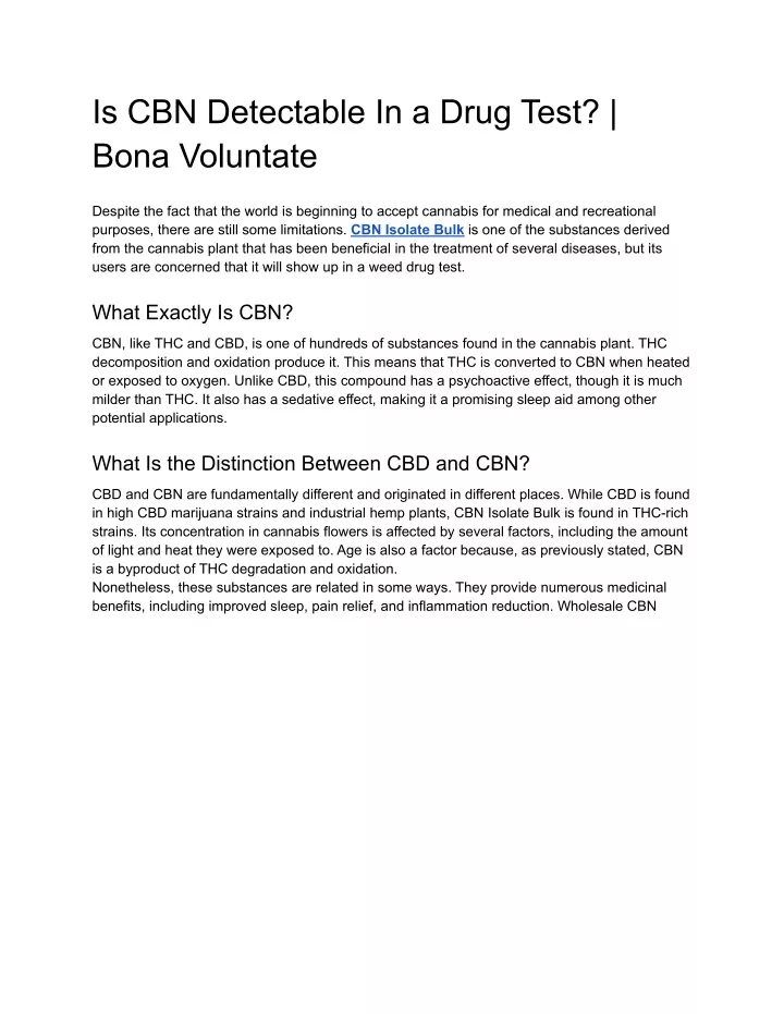 is cbn detectable in a drug test bona voluntate