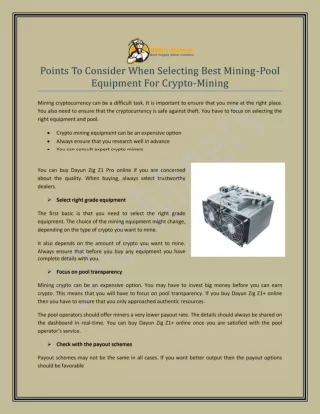 Points To Consider When Selecting Best Mining-Pool Equipment For Crypto-Mining