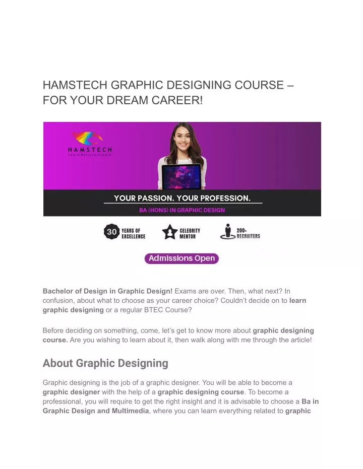 hamstech graphic designing course for your dream