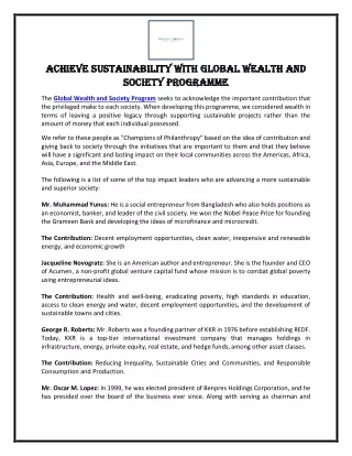 Achieve Sustainability with Global Wealth and Society Programme
