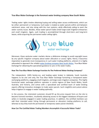 True Blue Water Exchange is the foremost water broking company New South Wales