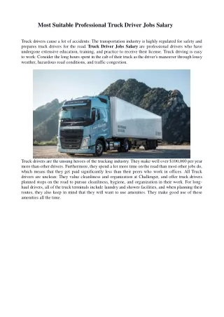 Most Suitable Professional Truck Driver Jobs Salary