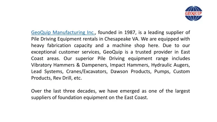 geoquip manufacturing inc founded in 1987