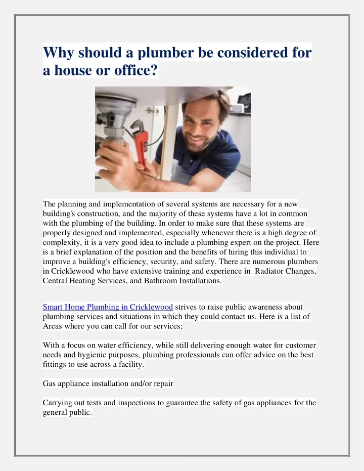 why should a plumber be considered for a house